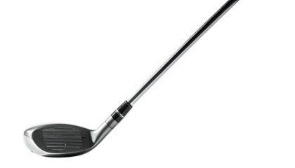 A metallic golf club, angled, isolated on a black background, perfect for a swing