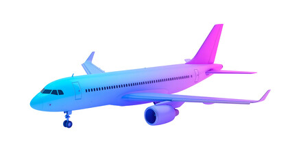 A digitally rendered passenger jet, stylized with a gradient of blue to purple