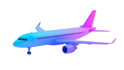 A digitally rendered passenger jet, stylized with a gradient of blue to purple