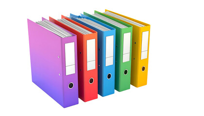 Five colorful ring binders are arranged, spines forward, on a transparent background