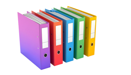 Five colorful ring binders are arranged, spines forward, on a transparent background
