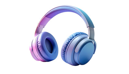Overhead headphones in a gradient of pink, purple, and blue against a black background