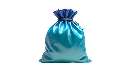 A glossy, teal drawstring bag on a black backdrop, tied closed