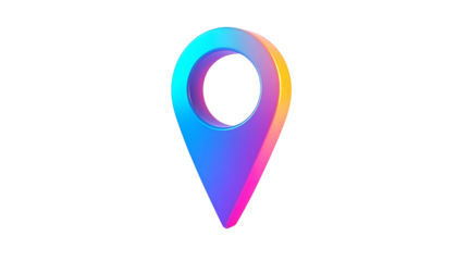 A 3D rendered, multi-colored location pin floats against a black background