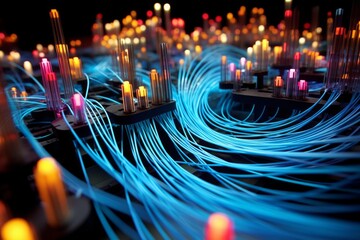 Blue fiber optic cables connecting abstract glowing terminals representing data transfer and technology