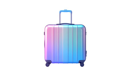 A glossy, rectangular suitcase with a rainbow gradient, handle extended, on a black background