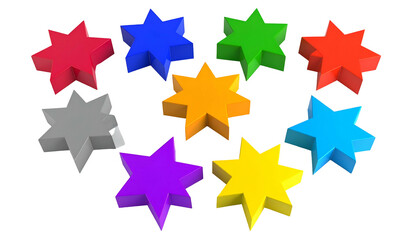 Vivid 3D eight-pointed stars in rainbow colors arranged in a circular pattern, black background