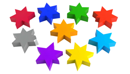 Vivid 3D eight-pointed stars in rainbow colors arranged in a circular pattern, black background