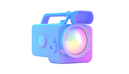 3D-rendered, pastel-colored retro video camera against a black background