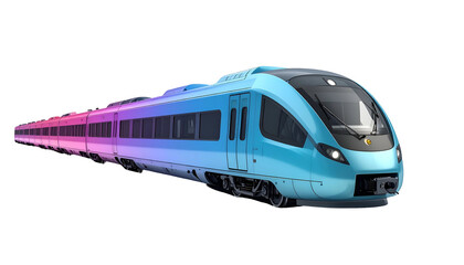 A high-speed train, gradient-colored from pink to turquoise, isolated on a black background