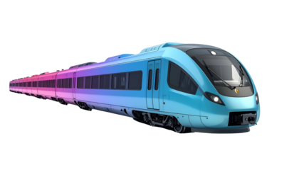 A high-speed train, gradient-colored from pink to turquoise, isolated on a black background