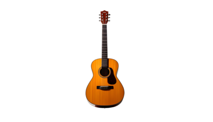 A classical acoustic guitar, wood-toned and glossy, against a solid black backdrop
