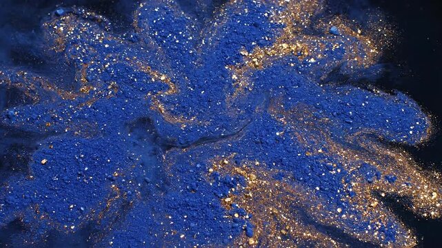 Lapis Lazuli Dust Particles Bursting with Gold Glitter in Dark Abstract Explosion