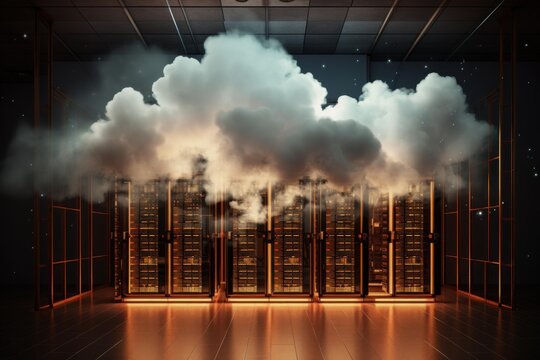 Servers generating a cloud representing digital data storage and global network connections - Powered by Adobe