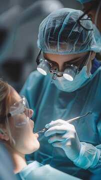 A dentist in protective gear works on a patient's teeth in a dental office. The patient sits in a dental chair with a focused expression. The appointment takes place during the day