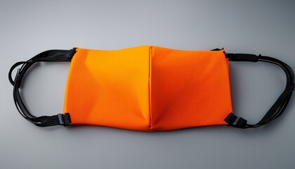 bright orange protective mask with black straps on gray background