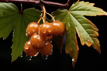 Orange berries and green leaves on a plant branch glistening with fresh raindrops and dew