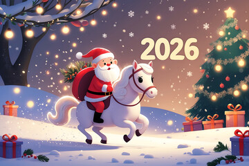 christmas card with horse, santa claus  and gifts