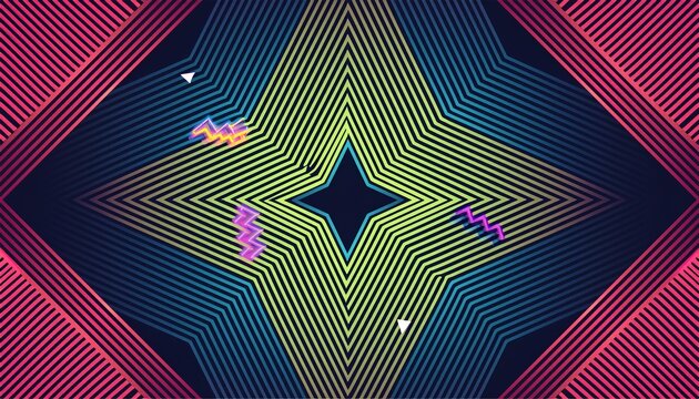 geometric pattern with bright neon shapes on dark background for pop art design - Powered by Adobe