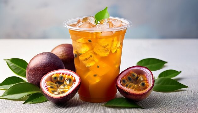 iced passion fruit tea in a plastic cup with ice cubes green leaves and fresh fruit around it
