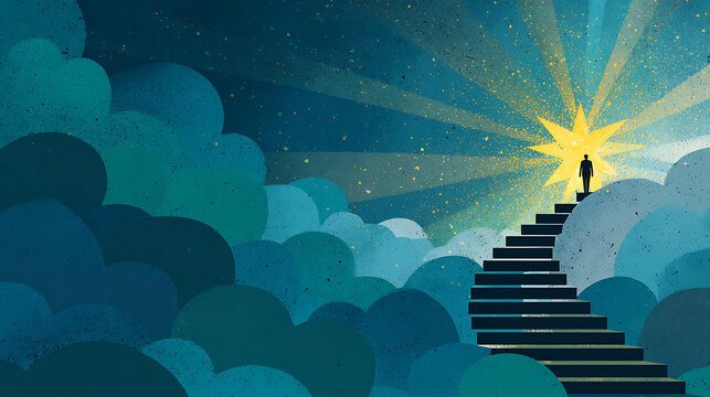 A person climbing an endless staircase toward a glowing star, symbolizing ambition. (3)