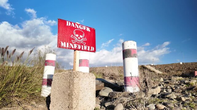 Red warning sign with a skull and crossbones indicating a dangerous minefield in a former war zone, showing the need for demining operations and international intervention for land clearance