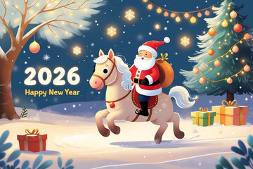 christmas card with horse, santa claus  and gifts