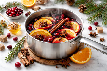Mulled wine with oranges and spices. Christmas drinks. Holiday designs. Winter projects.