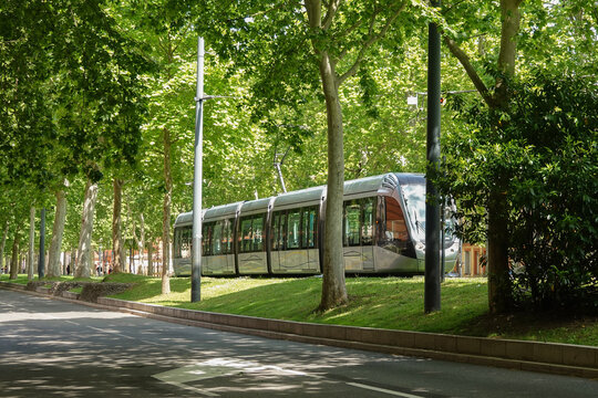A modern tram moves silently along a tree-lined street. Toulouse, France