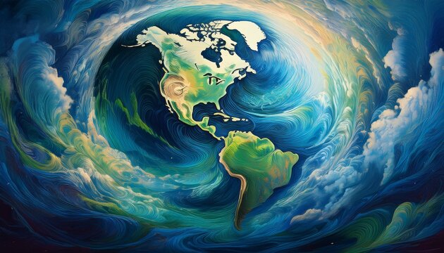 surreal swirling earth painting with clouds in a vortex depicting north and south america in vibrant blue and green tones - Powered by Adobe
