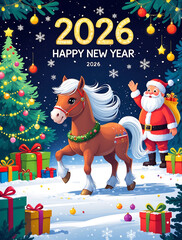 christmas card with horse, santa claus  and gifts