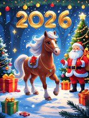 christmas card with horse, santa claus  and gifts