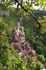 Houses in the town of Rocamadour seen from above, with their roofs, the valley and the forest