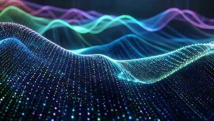Futuristic ultra HD 4K abstract background showcasing flowing digital particle wave representing big data technology artificial intelligence and modern network visualization through dynamic - Powered by Adobe