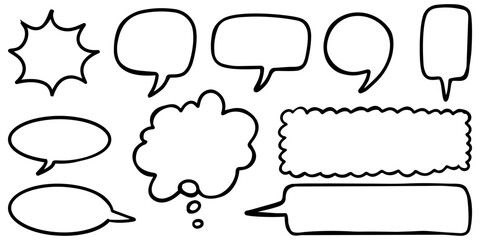 Obraz premium Hand drawn set of speech bubbles and comic blank balloons, doodle style vector illustration isolated on white background.