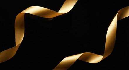 Luxurious golden ribbons elegantly swirl against a deep black backdrop, creating a festive frame