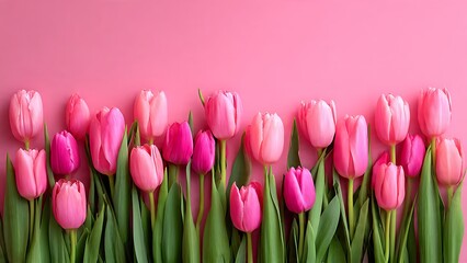 Row of fresh pink tulips arranged against a light pink floral background, close-up view of elegant spring flowers