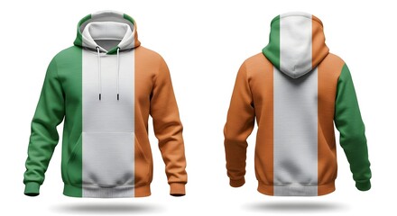 Patriotic hoodie mock up featuring Ireland national flag design front and back casual streetwear apparel fashion clothing style isolated white background