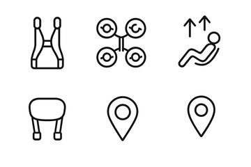 Fototapeta premium Wearable Flight Apparatus Icons. Line vector icons of wearable flight apparatus: harness frame, small rotors, body seat link, lift