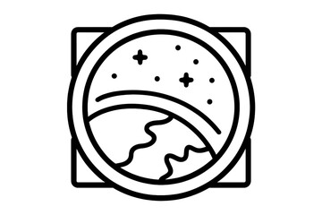 Fototapeta premium Earth From Space Window. Line vector icons of Earth view from space hotel window: circular porthole, Earth curvature, star dots,