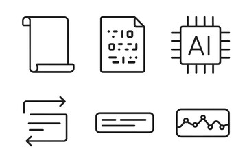 Ancient Translation Icons. Line vector icons of archaic text machine translation: scroll band, coded marks, AI unit, switching