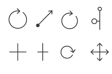 Essential Turning Points Icons. Line style icons of essential turning points: circular arrow, pivot symbol, rotation curve,