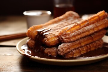 Churros with powdered sugar resting in a puddle of rich hot chocolate