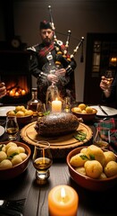 Skilled musician in tartan playing bagpipes for Burns Night. Steaming haggis on wooden feasting table, accompanied by fresh potatoes and amber liquid, radiating warmth.