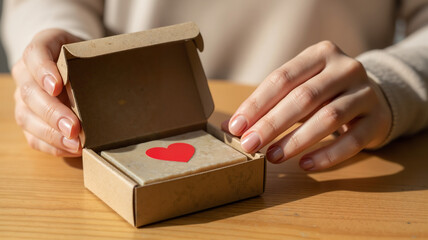 Person holding open gift box with red heart on wooden table  