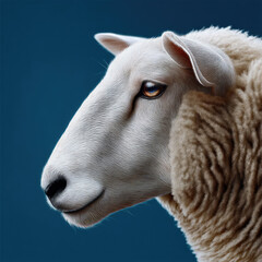 Obraz premium White sheep side view with soft wool, blue background, calm expression, detailed fur texture, animal portrait