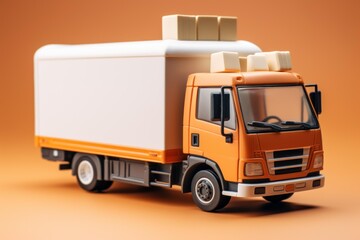 Orange miniature toy truck carrying boxes on its back, symbolizing global shipping and logistics