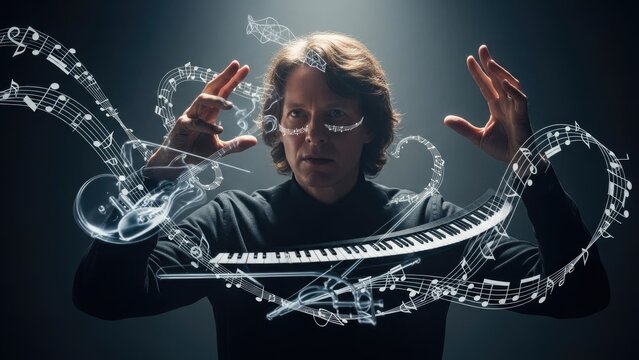 Man conducting musical notes swirling around a piano keyboard and guitar, surrounded by a dark, ethereal atmosphere, evoking creativity and sound composition.