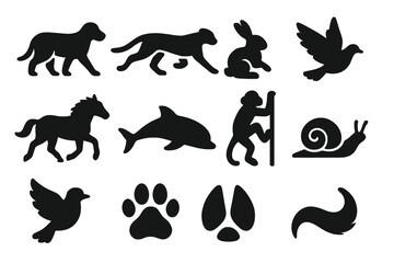 Animal Movement Icons. Solid style icons of animal locomotion types: walking, running, jumping, flying, galloping, swimming,