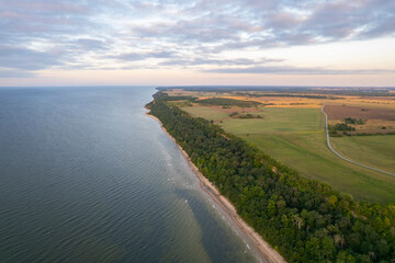Baltic sea coastline in Estonia in an aerial drone view